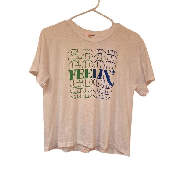 Sundry Women's White Cotton w Navy & Green Feelin' Good Graphic Short Sleeve Cre - Picture 2 of 11